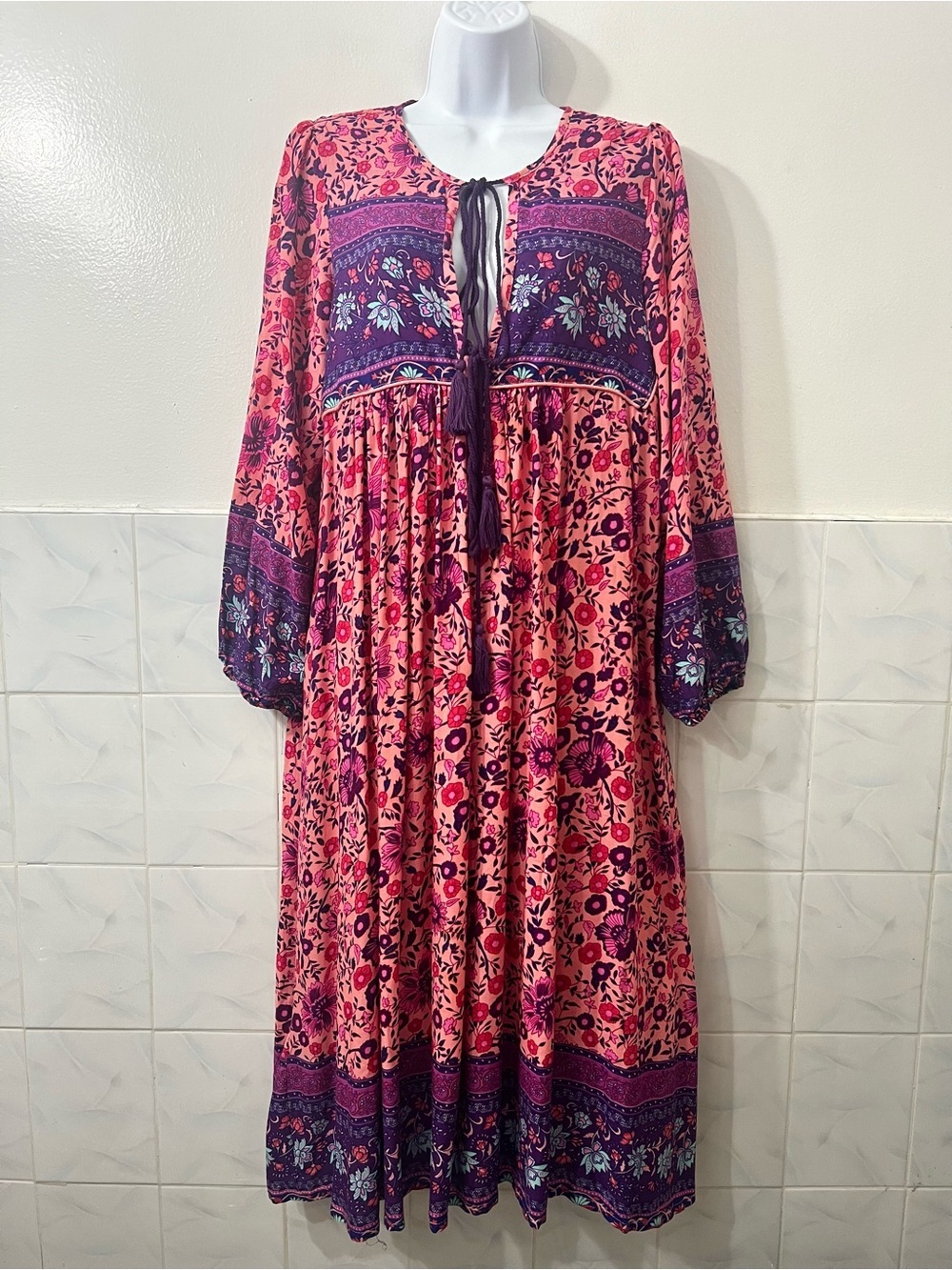 R. Vivimos M Boho Midi Dress Purple Pink Floral Long Sleeve Cottage Whimsigoth